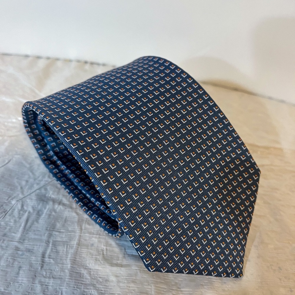 Hermes Paris Steel Blue Geometric Woven Jacquard Silk Tie 659199T